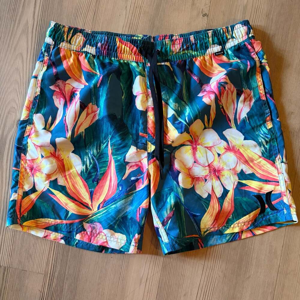 Hurley Men's Floral Tropical Print Elastic Waist Swim Trunks Shorts